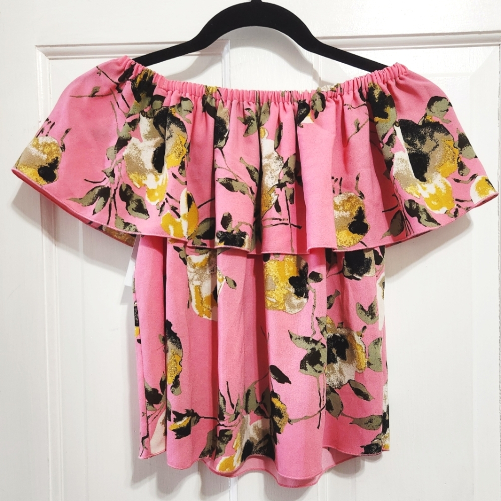 Aritzia "Promener" Pink Floral Print Off-Shoulder Blouse Top
